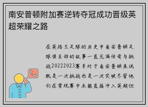 南安普顿附加赛逆转夺冠成功晋级英超荣耀之路