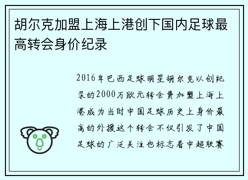 胡尔克加盟上海上港创下国内足球最高转会身价纪录 胡尔克加盟上海上港创下国内足球最高转会身价纪录